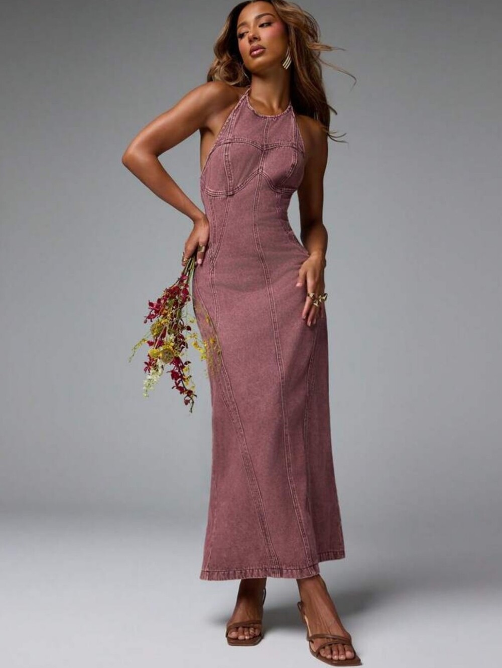 Mauve Halter Maxi Dress - Sleeveless Seam Detail